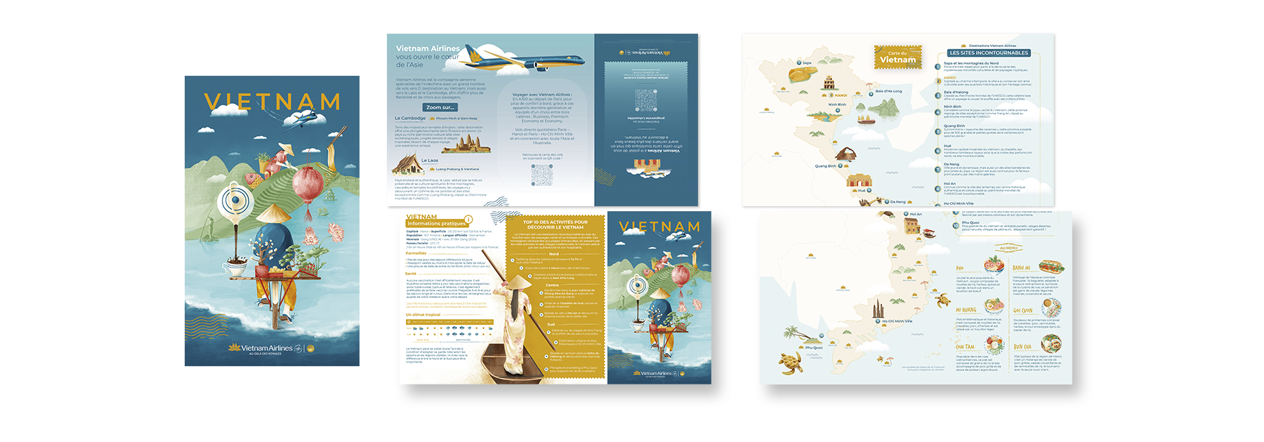 Portfolio d'identité de marque élégantes . La carte touristique complète avec les illustrations conçues sur mesure du Vietnam