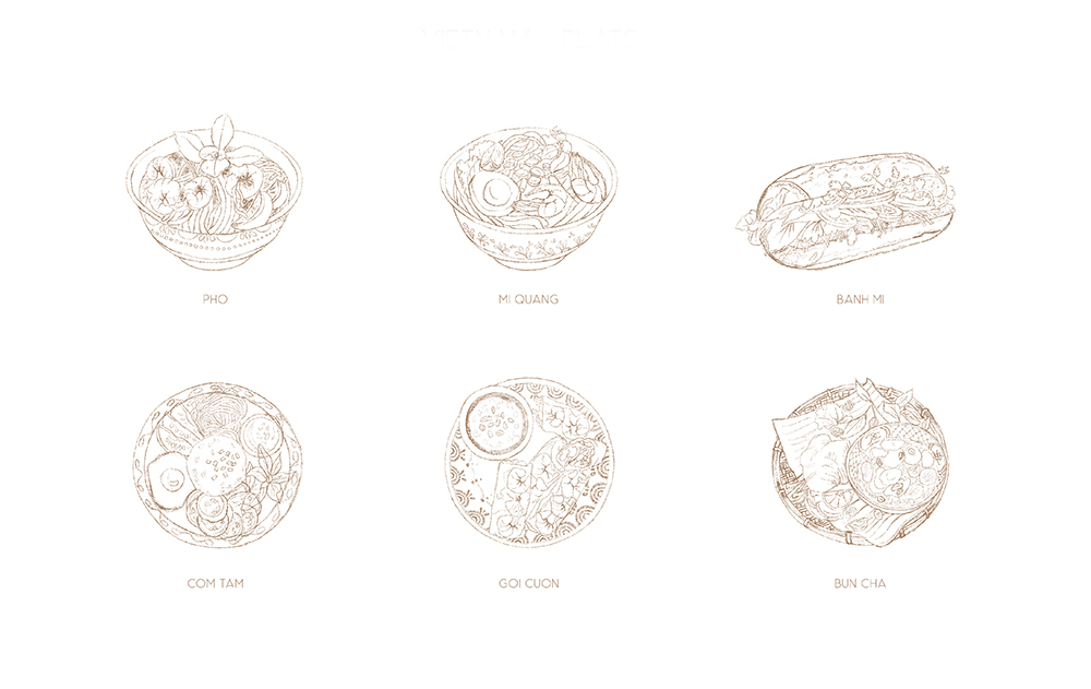 Détails illustrés des 6 plats en croquis de spécialités culinaires vietnamiennes